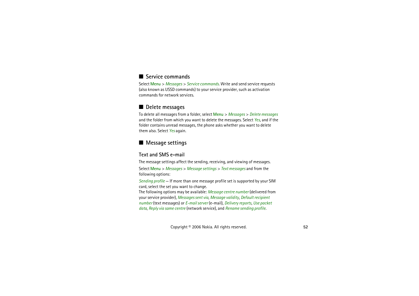 Service commands, Delete messages, Message settings | Text and sms e-mail, Service commands delete messages message settings | Symbol Technologies 6103 User Manual | Page 52 / 140