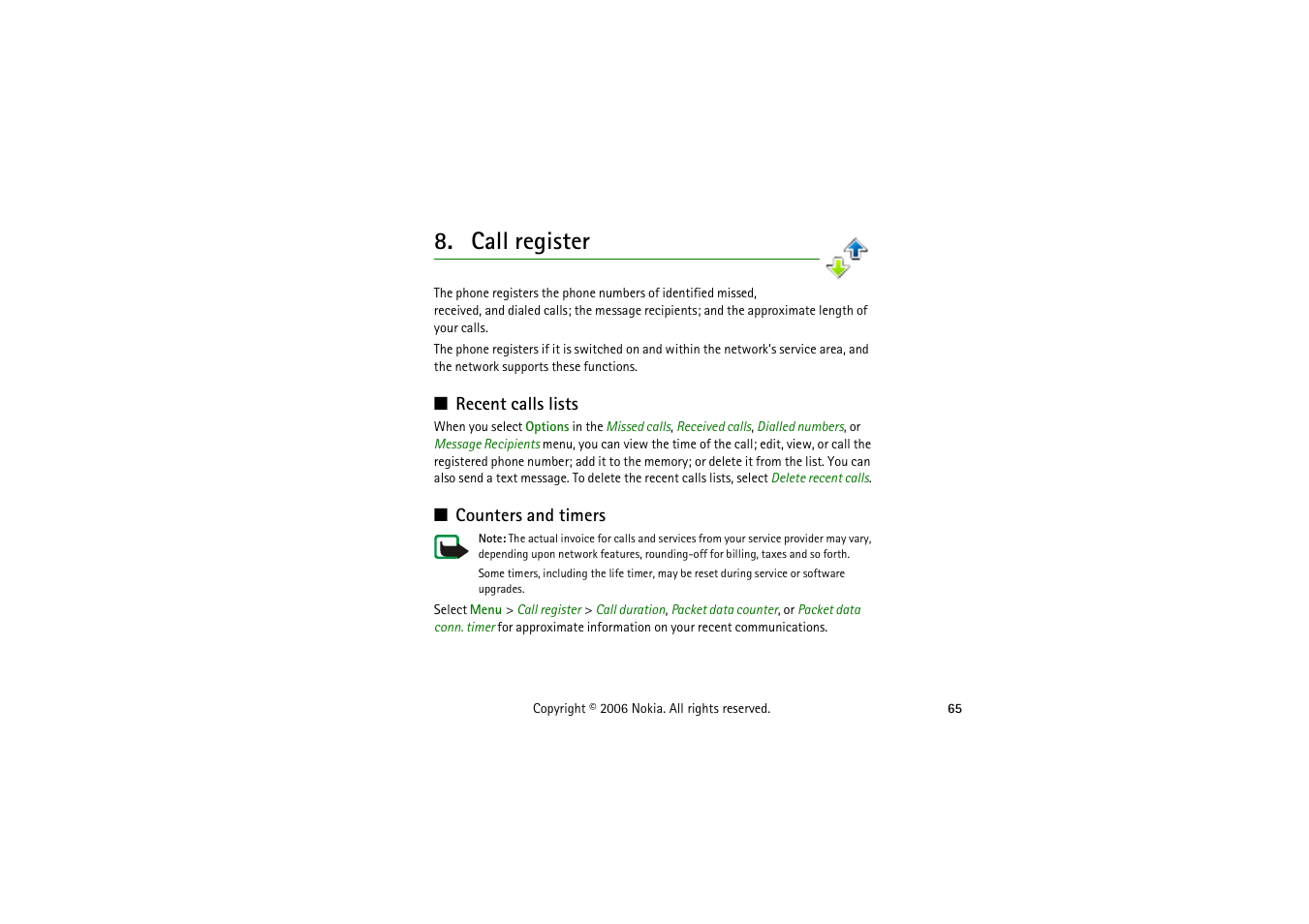 Call registe, Recent calls lists, Counters and timers | Call register, Recent calls lists counters and timers, D call. see | Symbol Technologies 6103 User Manual | Page 65 / 140