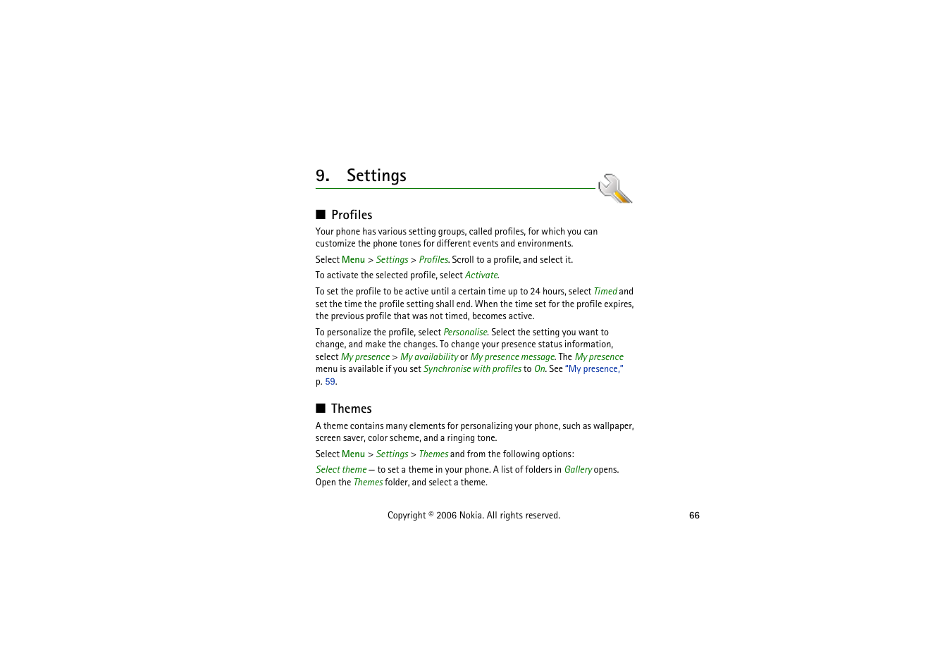 Settings, Profiles, Themes | Profiles themes | Symbol Technologies 6103 User Manual | Page 66 / 140