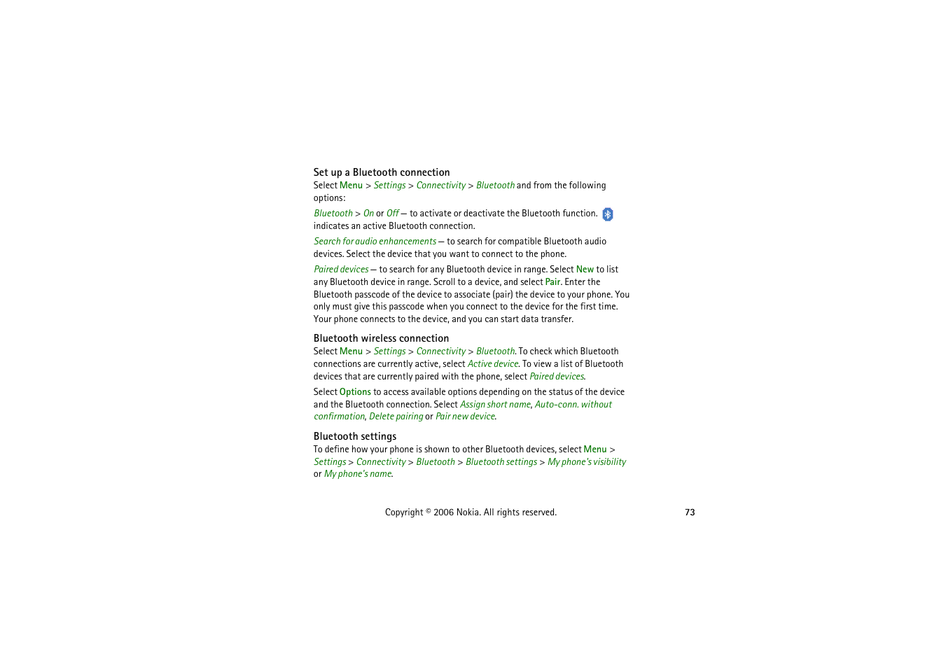 Set up a bluetooth connection, Bluetooth wireless connection, Bluetooth settings | Symbol Technologies 6103 User Manual | Page 73 / 140