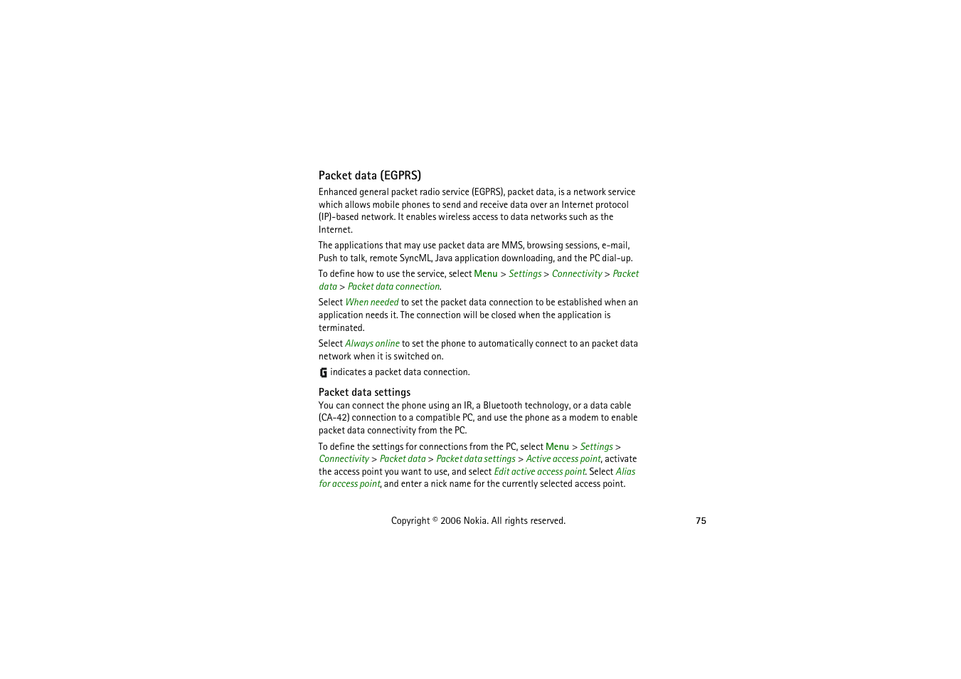 Packet data (egprs), Packet data settings, Packet data | Egprs) | Symbol Technologies 6103 User Manual | Page 75 / 140