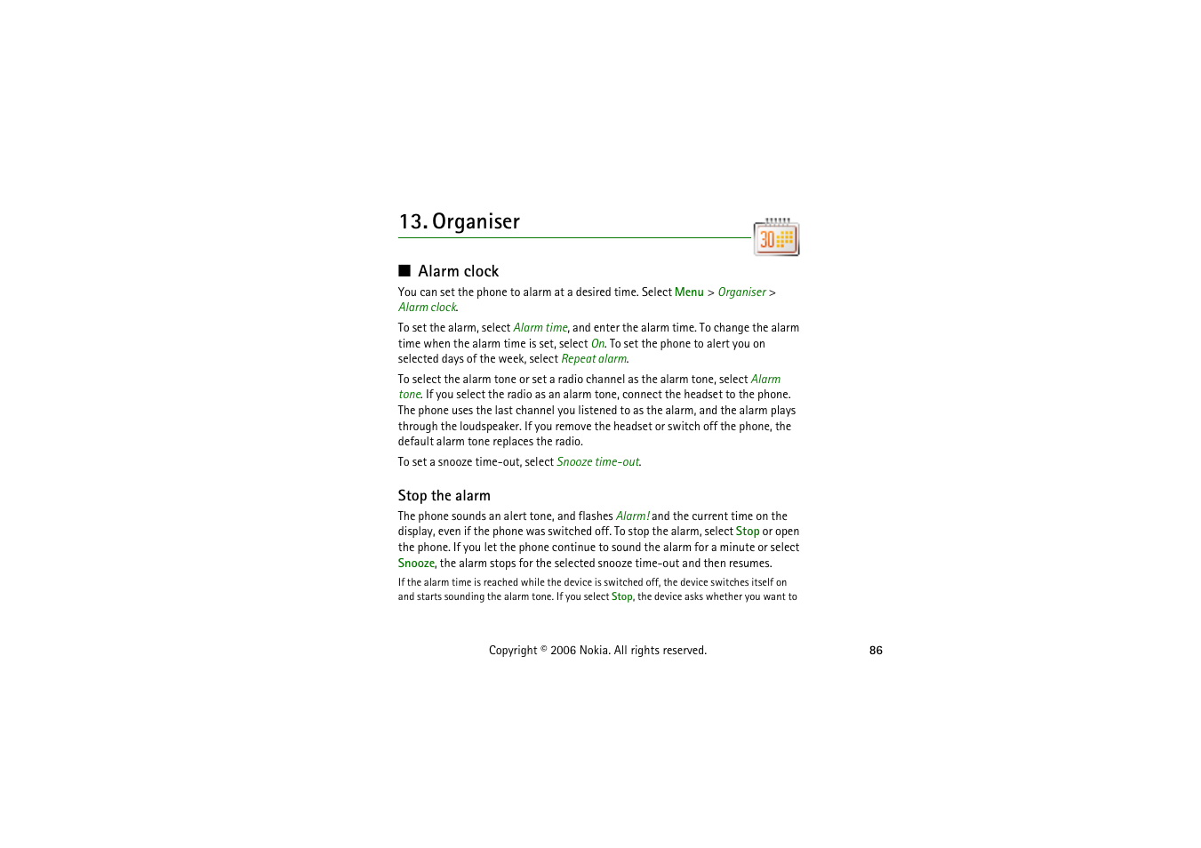 Organiser, Alarm clock, Stop the alarm | Symbol Technologies 6103 User Manual | Page 86 / 140