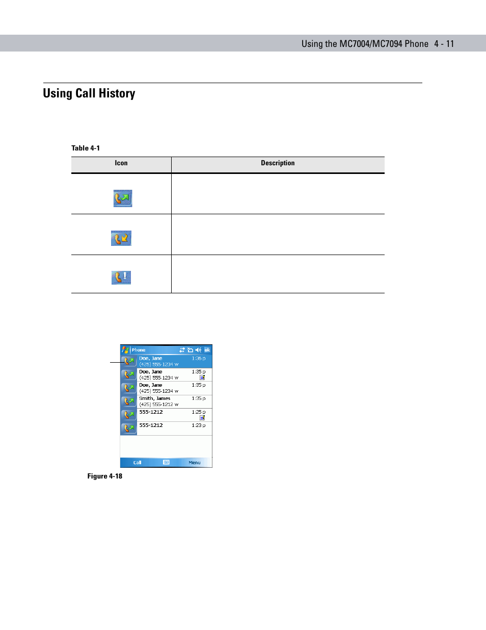 Using call history, Using call history -11 | Symbol Technologies MC70 User Manual | Page 101 / 166