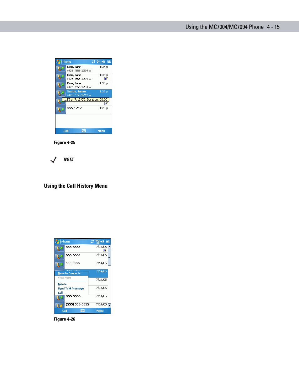 Using the call history menu, Using the call history menu -15 | Symbol Technologies MC70 User Manual | Page 105 / 166