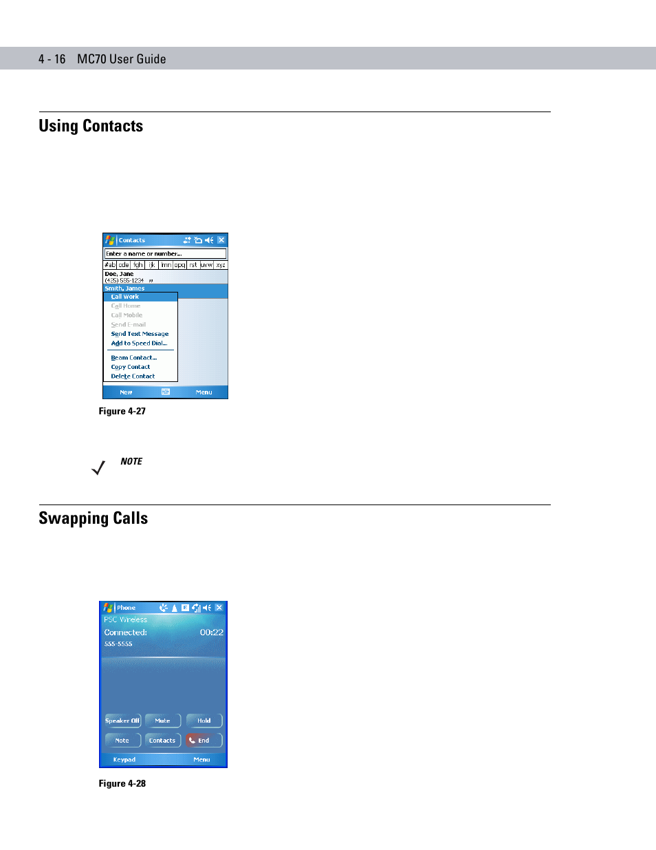 Using contacts, Swapping calls, Using contacts -16 swapping calls -16 | Symbol Technologies MC70 User Manual | Page 106 / 166