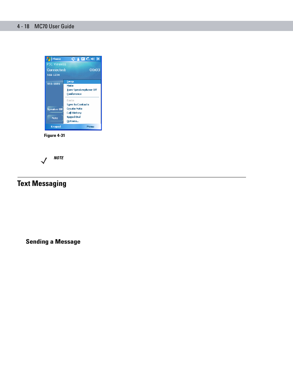 Text messaging, Sending a message, Text messaging -18 | Sending a message -18 | Symbol Technologies MC70 User Manual | Page 108 / 166