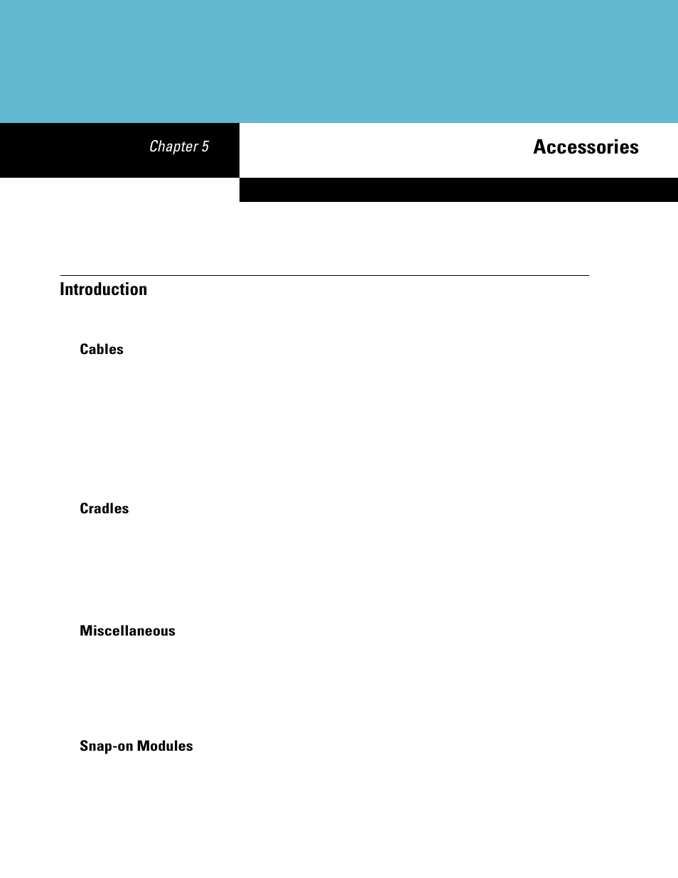 Accessories, Introduction, Cables | Cradles, Miscellaneous, Snap-on modules, Chapter 5: accessories, Introduction -1, Chapter 5, accessories de, Chapter 5 | Symbol Technologies MC70 User Manual | Page 111 / 166