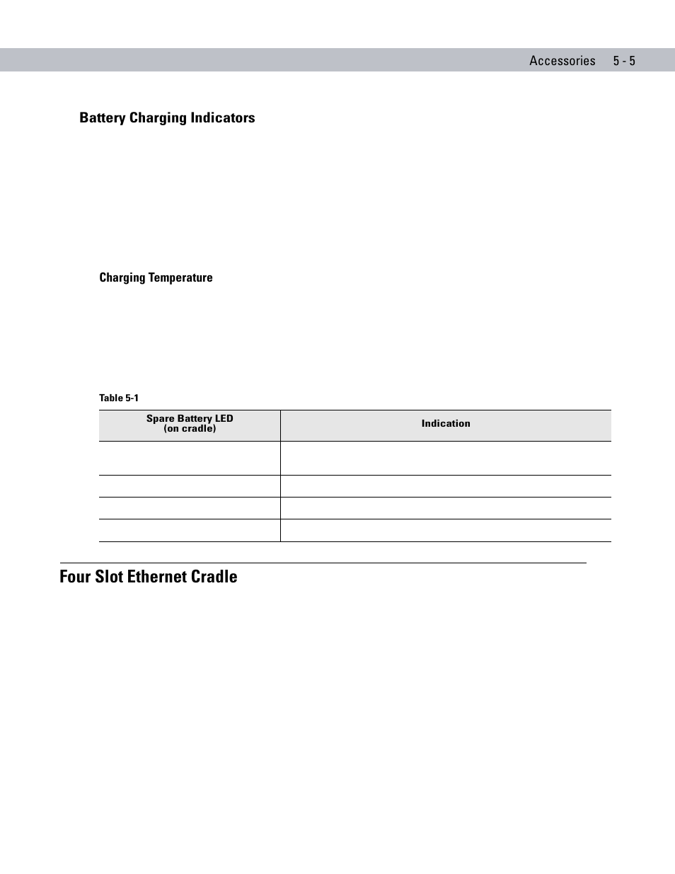 Battery charging indicators, Charging temperature, Four slot ethernet cradle | Battery charging indicators -5, Charging temperature -5, Four slot ethernet cradle -5 | Symbol Technologies MC70 User Manual | Page 115 / 166