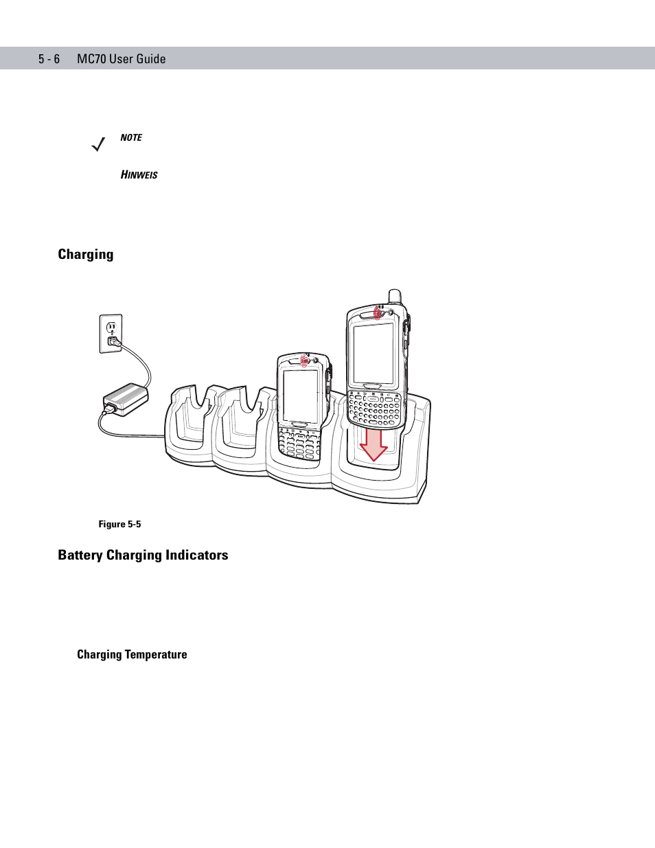 Charging, Battery charging indicators, Charging temperature | Charging -6 battery charging indicators -6, Charging temperature -6 | Symbol Technologies MC70 User Manual | Page 116 / 166