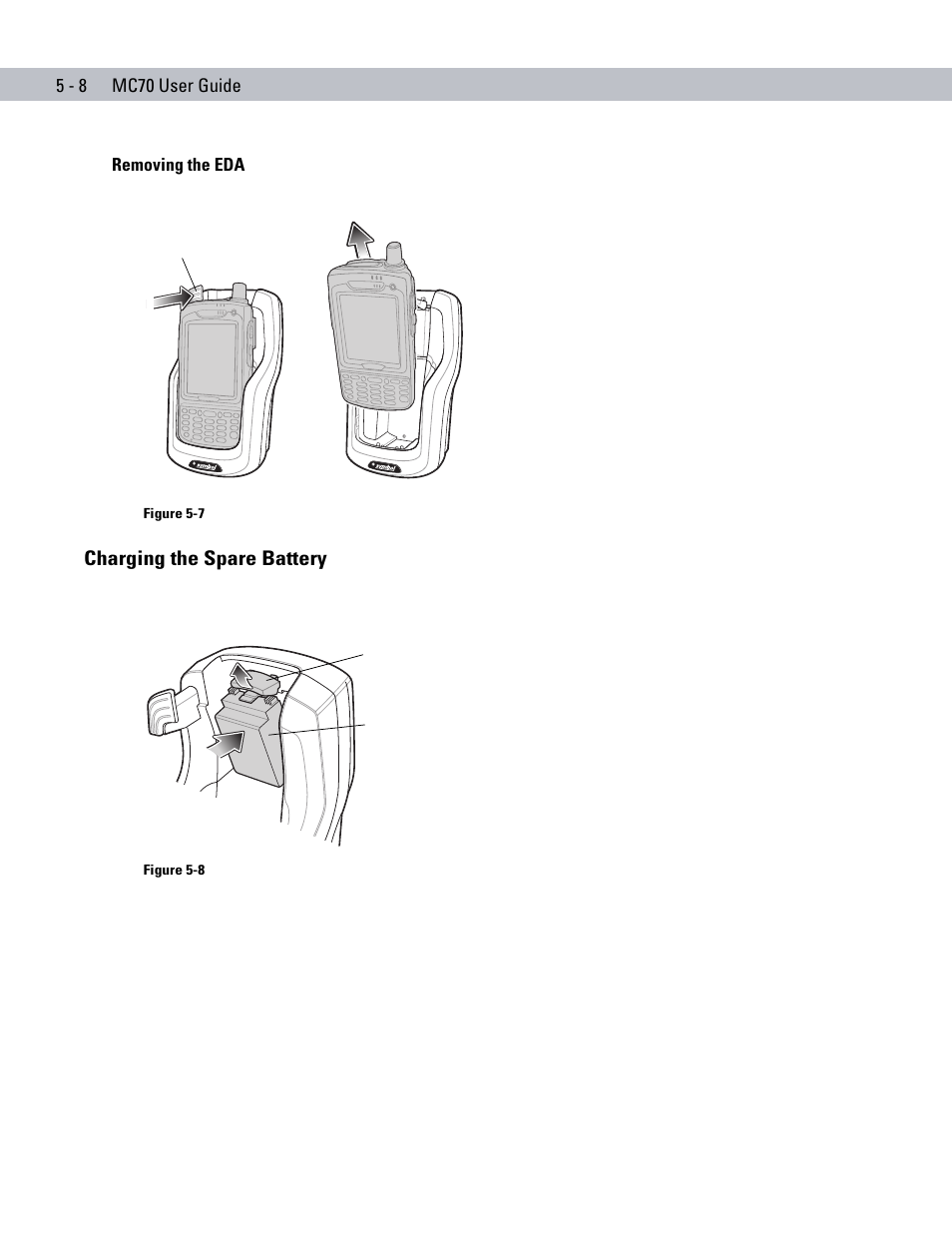 Removing the eda, Charging the spare battery, Removing the eda -8 | Charging the spare battery -8 | Symbol Technologies MC70 User Manual | Page 118 / 166