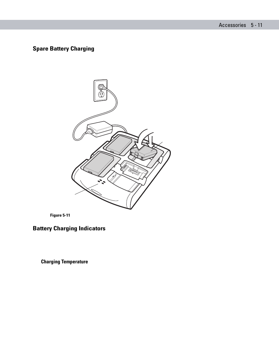 Spare battery charging, Battery charging indicators, Charging temperature | Charging temperature -11 | Symbol Technologies MC70 User Manual | Page 121 / 166