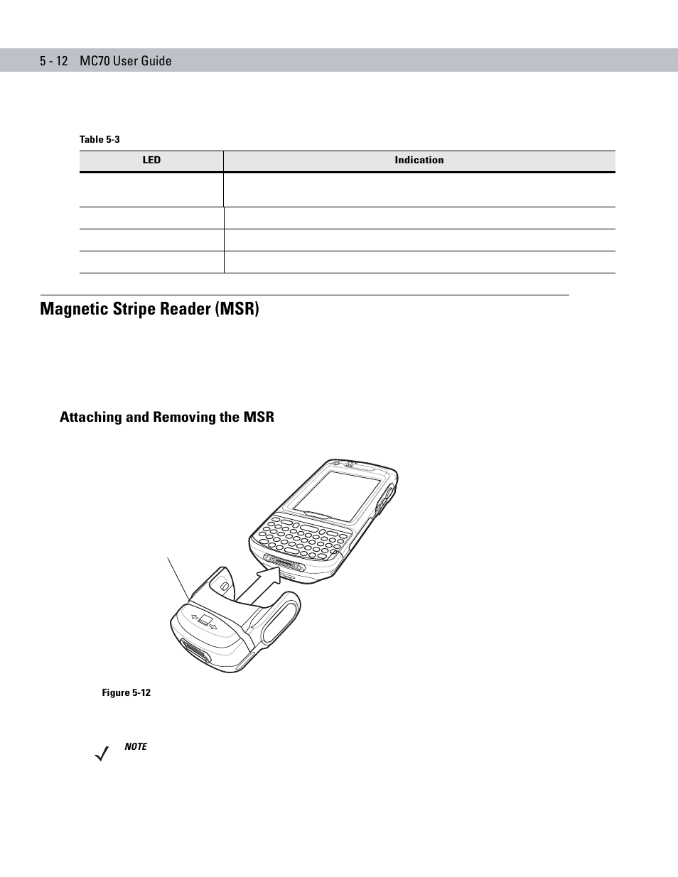Magnetic stripe reader (msr), Attaching and removing the msr, Magnetic stripe reader (msr) -12 | Attaching and removing the msr -12, Table 5-3 | Symbol Technologies MC70 User Manual | Page 122 / 166