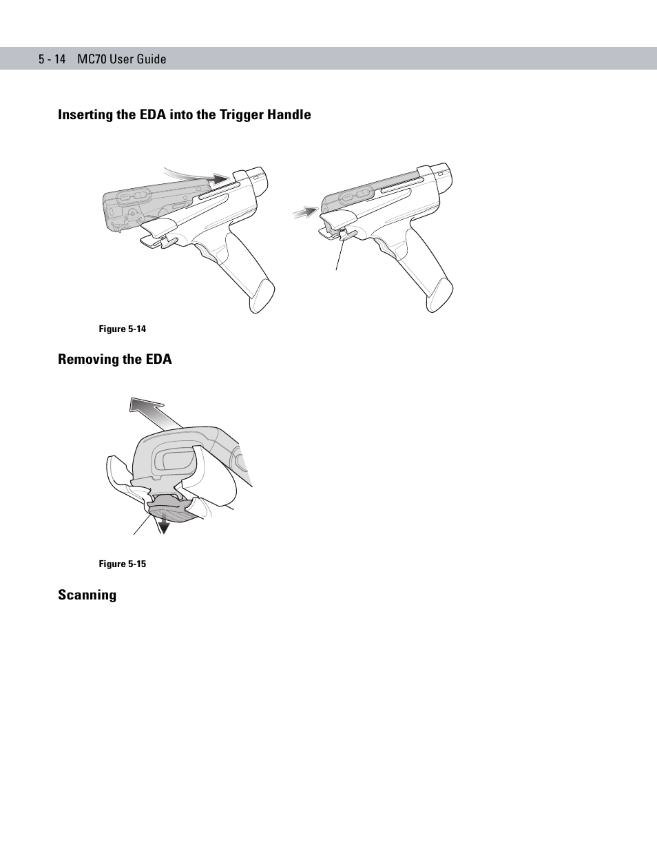 Inserting the eda into the trigger handle, Removing the eda, Scanning | Symbol Technologies MC70 User Manual | Page 124 / 166