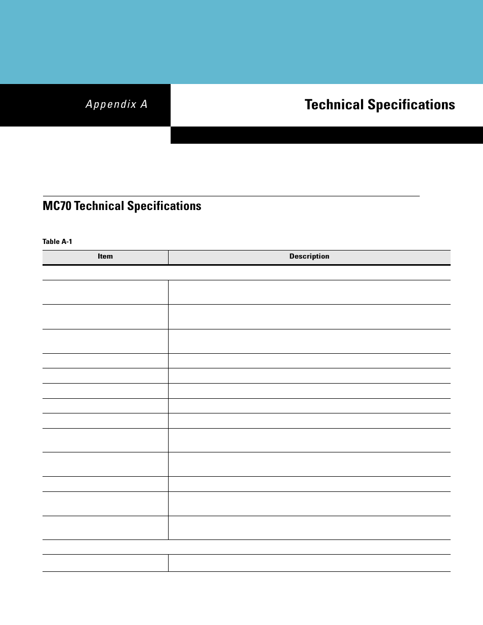 Mc70 technical specifications, Appendix a: technical specifications, Appendix a, technical specifications provides | Technical specifications | Symbol Technologies MC70 User Manual | Page 139 / 166