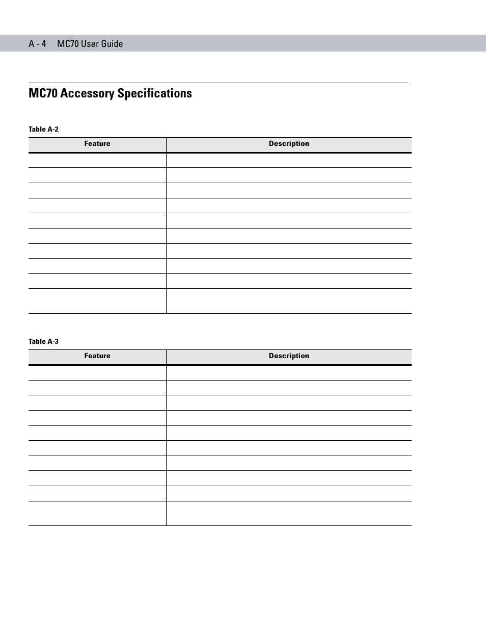 Mc70 accessory specifications, A - 4 mc70 user guide | Symbol Technologies MC70 User Manual | Page 142 / 166