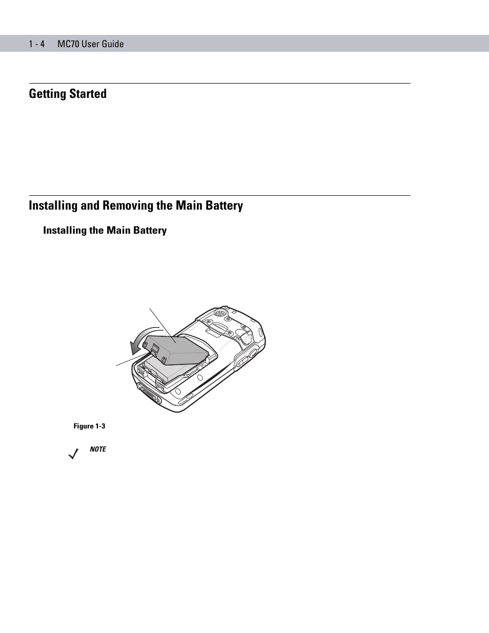 Getting started, Installing and removing the main battery, Installing the main battery | Installing the main battery -4 | Symbol Technologies MC70 User Manual | Page 22 / 166