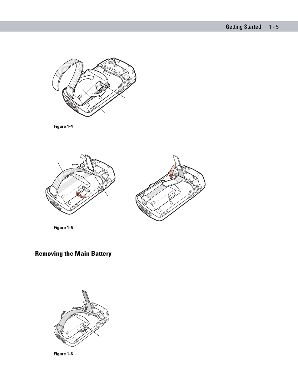 Removing the main battery, Removing the main battery -5, Getting started 1 - 5 | Symbol Technologies MC70 User Manual | Page 23 / 166