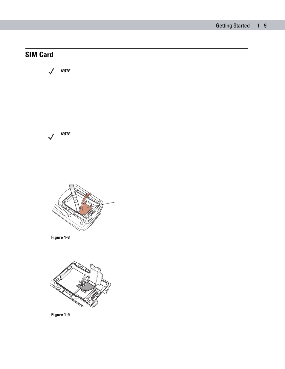 Sim card, Sim card -9, Getting started 1 - 9 | Symbol Technologies MC70 User Manual | Page 27 / 166