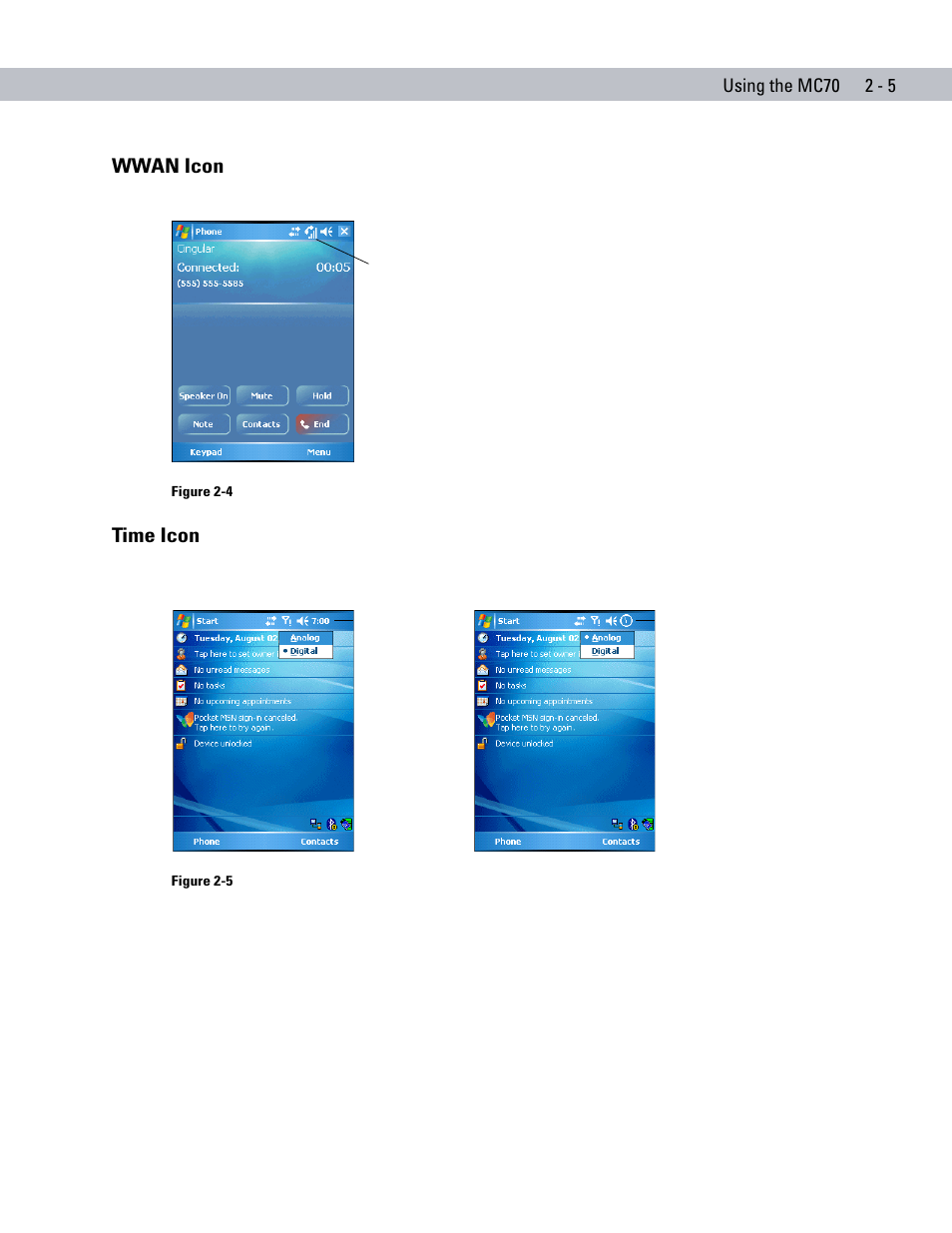Wwan icon, Time icon, Wwan icon -5 time icon -5 | Symbol Technologies MC70 User Manual | Page 37 / 166
