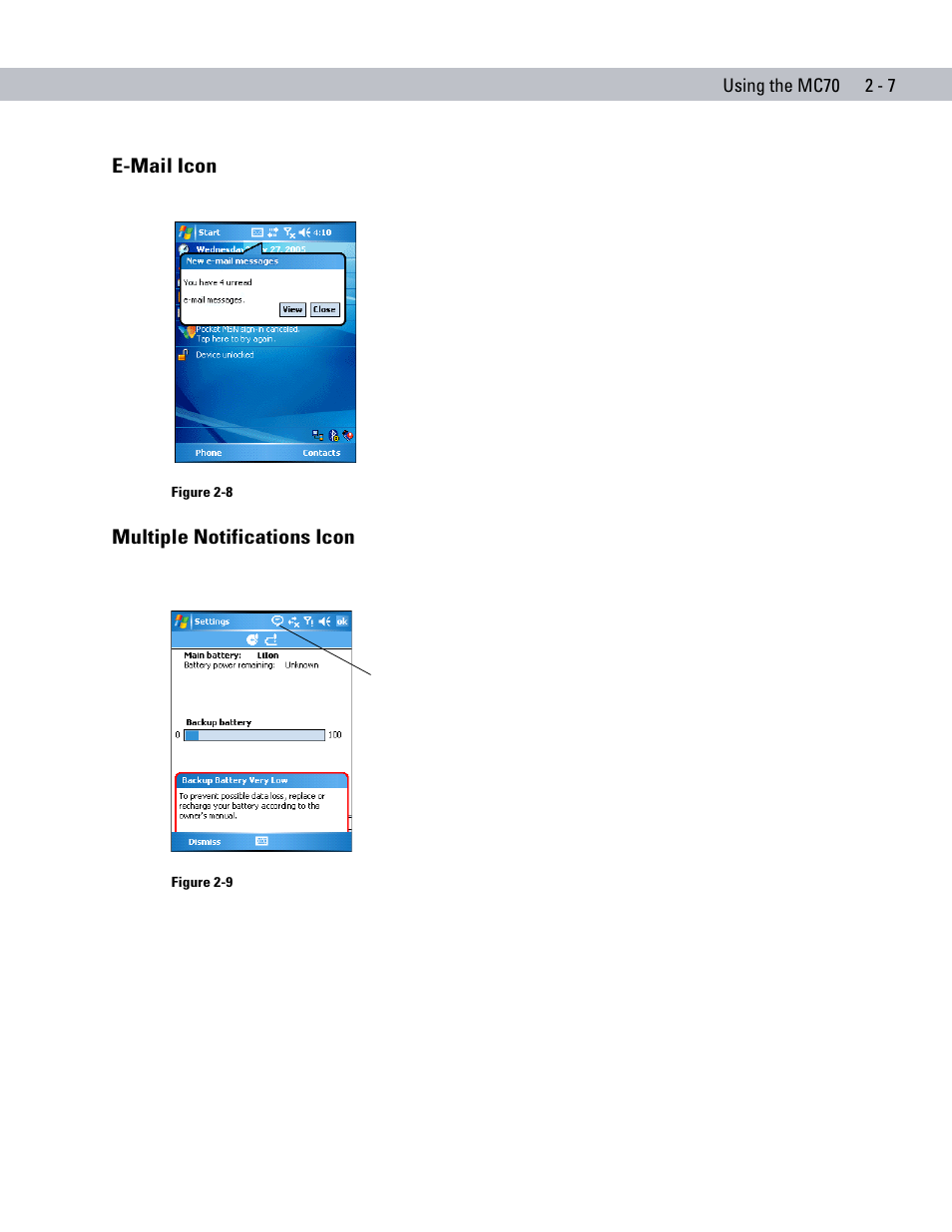 E-mail icon, Multiple notifications icon, E-mail icon -7 multiple notifications icon -7 | Symbol Technologies MC70 User Manual | Page 39 / 166