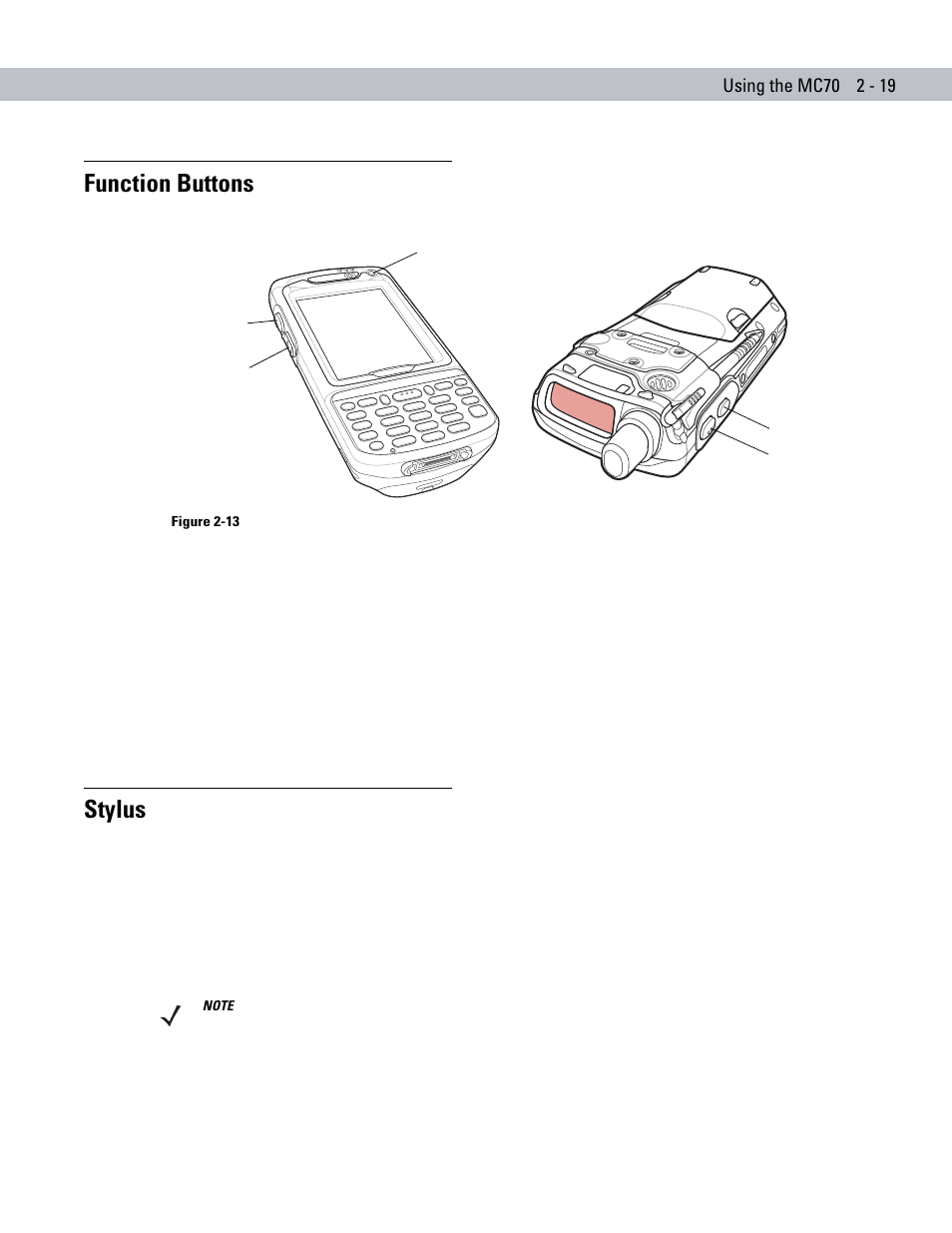 Function buttons, Stylus, Function buttons -19 stylus -19 | Symbol Technologies MC70 User Manual | Page 51 / 166
