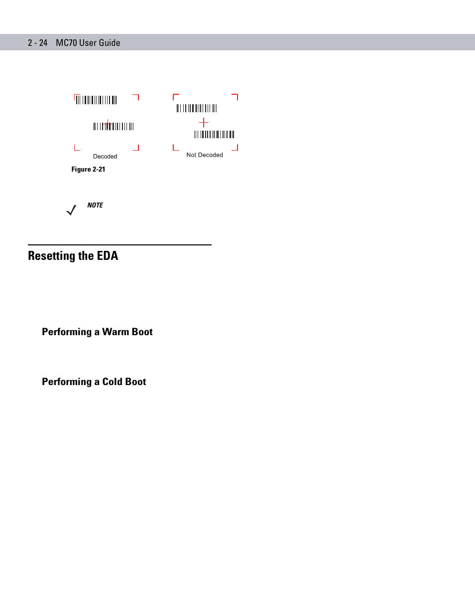 Resetting the eda, Performing a warm boot, Performing a cold boot | Resetting the eda -24, Resetting the eda on | Symbol Technologies MC70 User Manual | Page 56 / 166