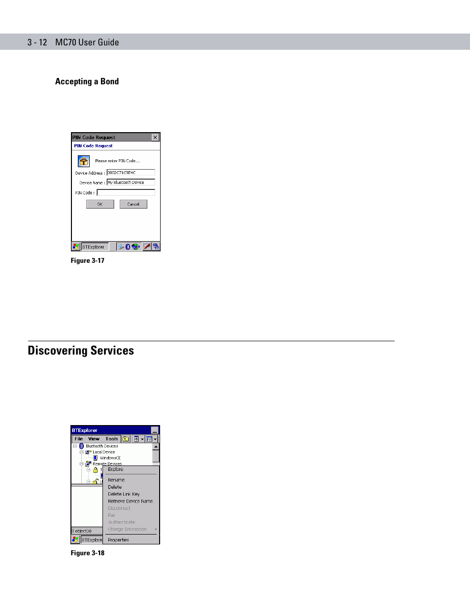 Accepting a bond, Discovering services, Accepting a bond -12 | Discovering services -12 | Symbol Technologies MC70 User Manual | Page 70 / 166