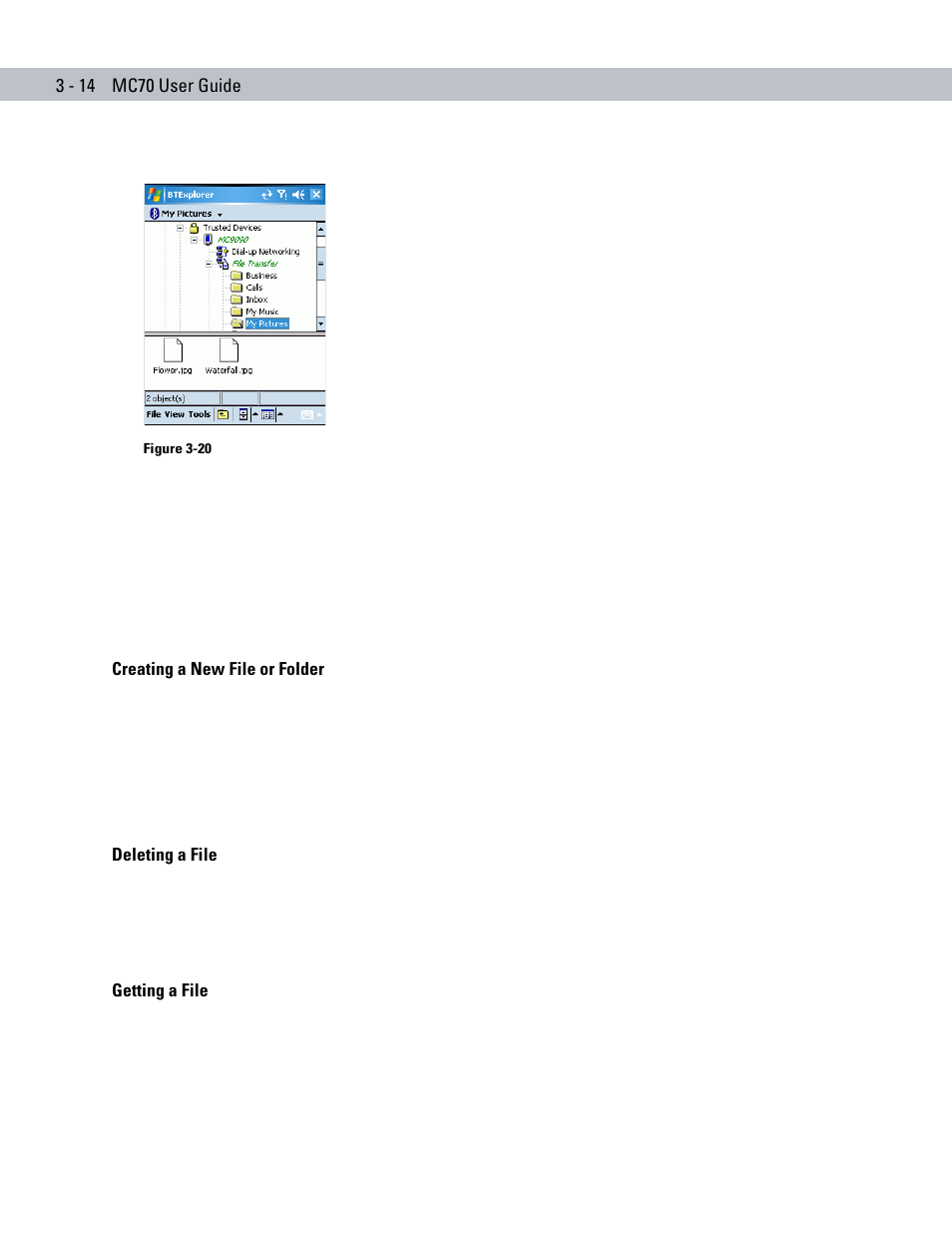 Creating a new file or folder, Deleting a file, Getting a file | Symbol Technologies MC70 User Manual | Page 72 / 166