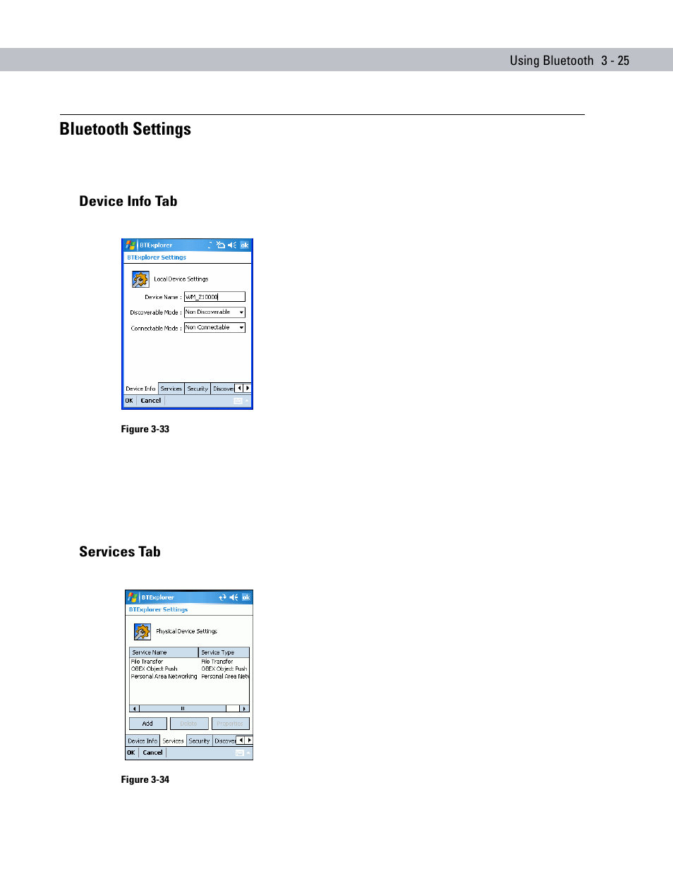 Bluetooth settings, Device info tab, Services tab | Bluetooth settings -25, Device info tab -25 services tab -25 | Symbol Technologies MC70 User Manual | Page 83 / 166