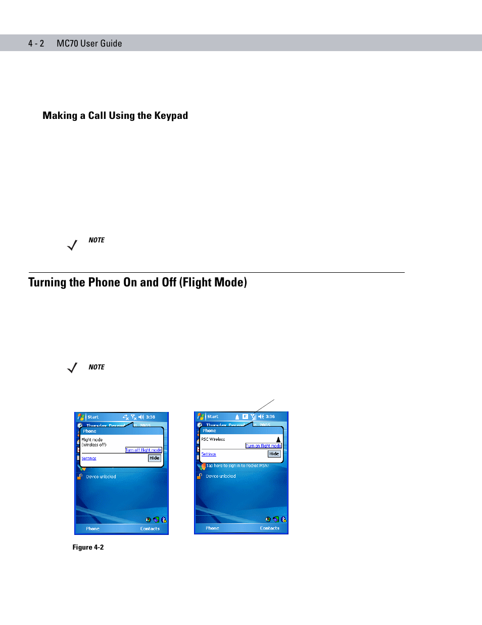 Making a call using the keypad, Turning the phone on and off (flight mode), Making a call using the keypad -2 | Turning the phone on and off (flight mode) -2 | Symbol Technologies MC70 User Manual | Page 92 / 166
