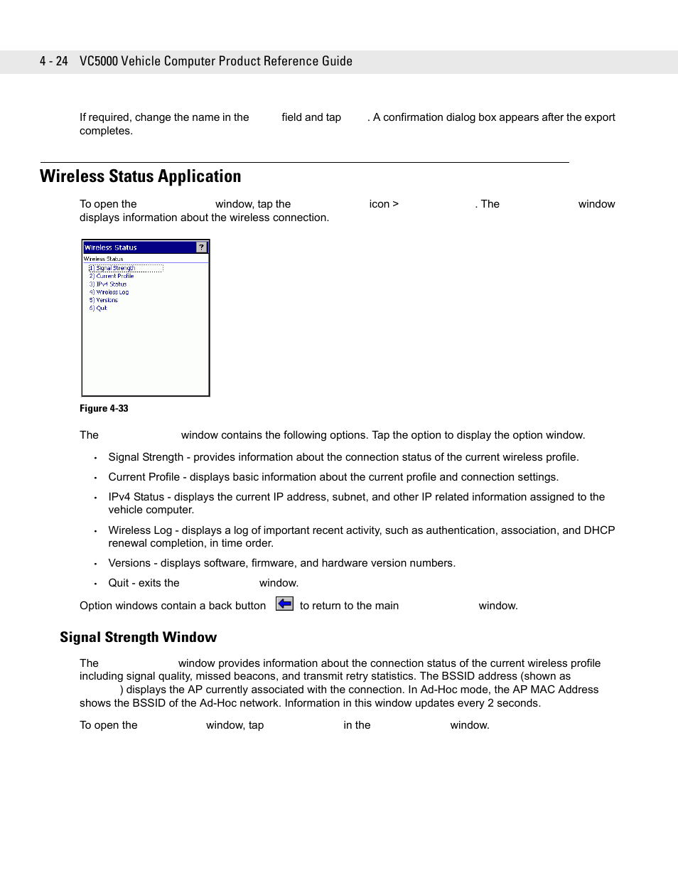 Wireless status application, Signal strength window, Wireless status application -24 | Signal strength window -24 | Symbol Technologies VC5090 User Manual | Page 100 / 210
