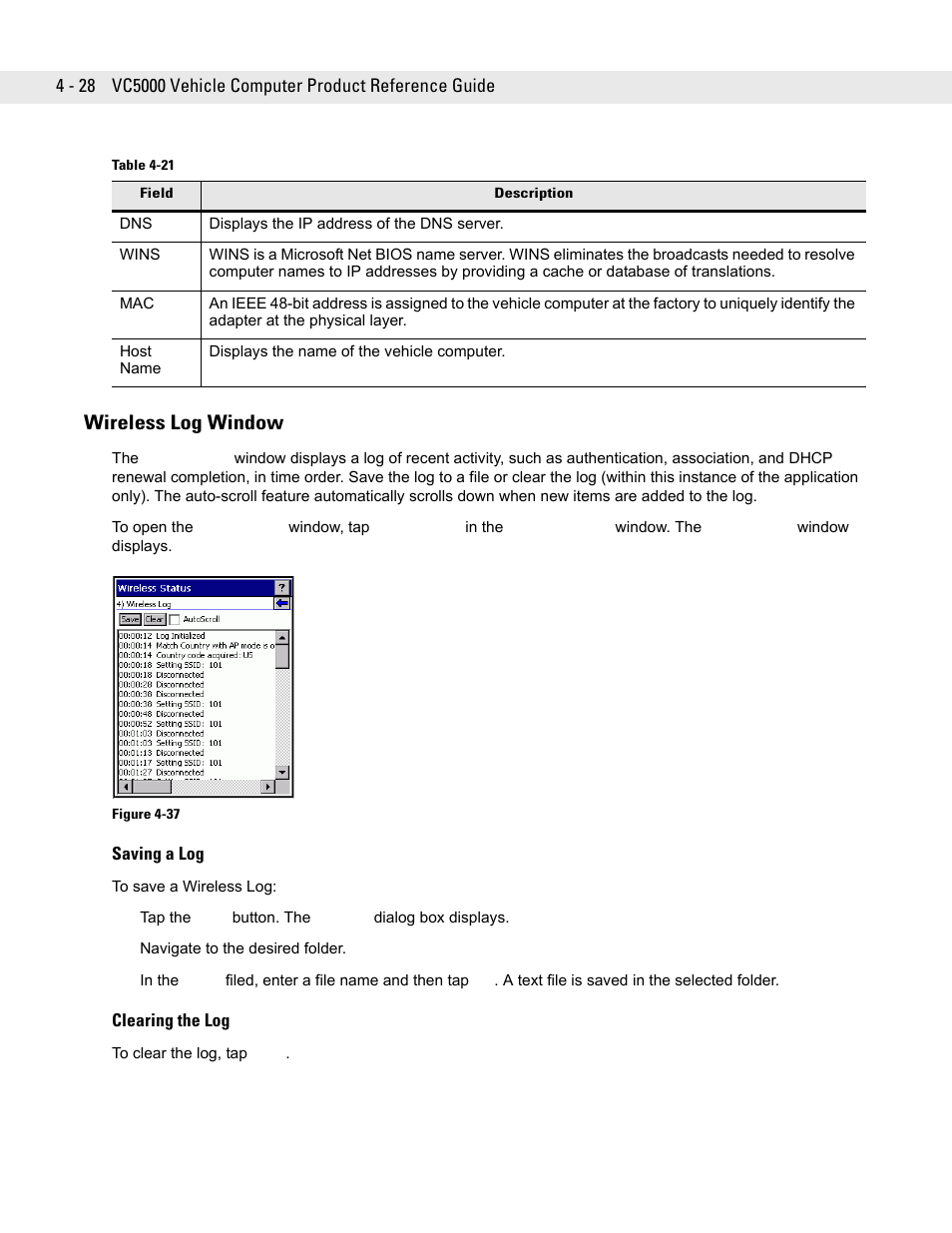 Wireless log window, Saving a log, Clearing the log | Wireless log window -28, Saving a log -28, Clearing the log -28 | Symbol Technologies VC5090 User Manual | Page 104 / 210