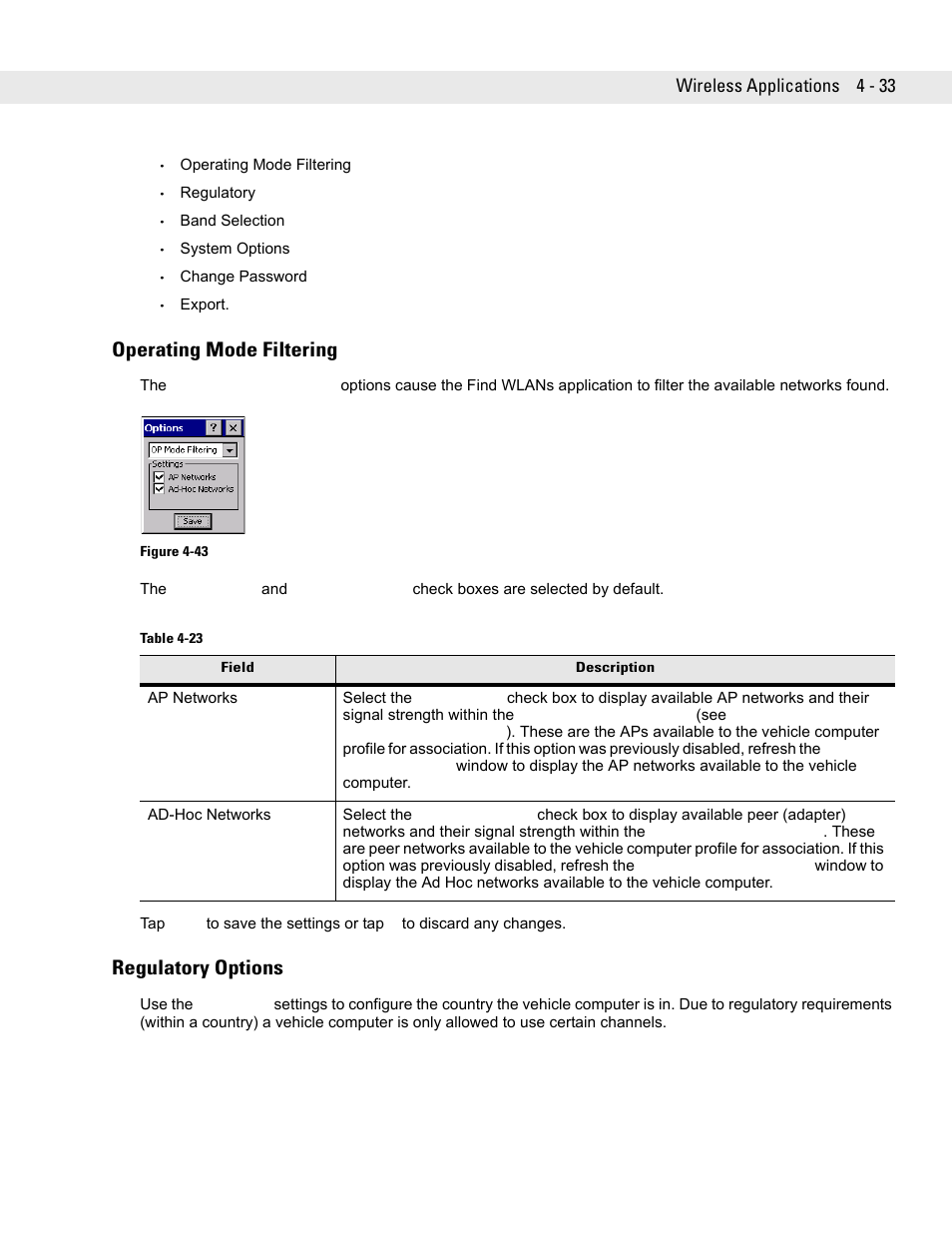 Operating mode filtering, Regulatory options, Operating mode filtering -33 | Regulatory options -33, Wireless applications 4 - 33 | Symbol Technologies VC5090 User Manual | Page 109 / 210