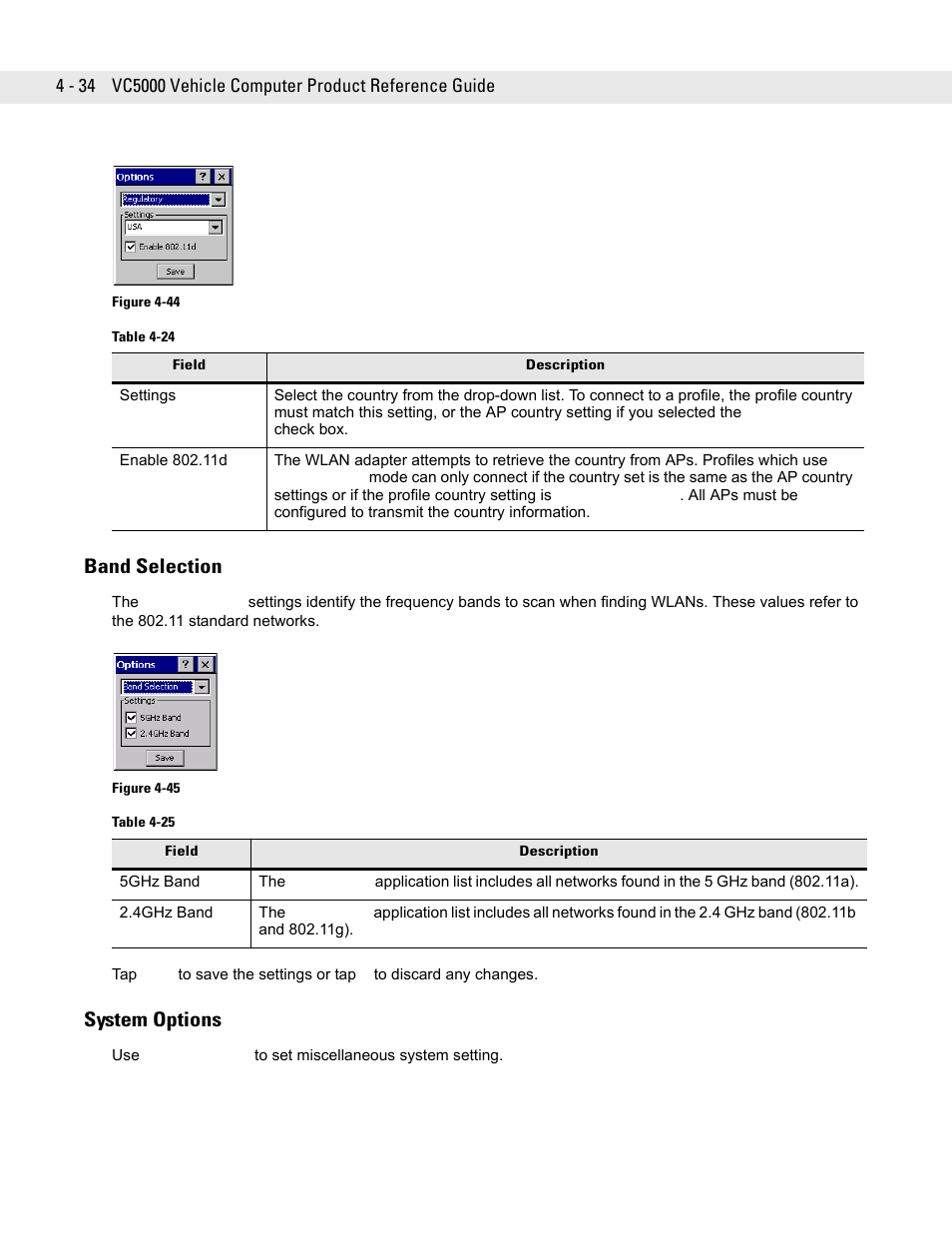 Band selection, System options, Band selection -34 | System options -34 | Symbol Technologies VC5090 User Manual | Page 110 / 210