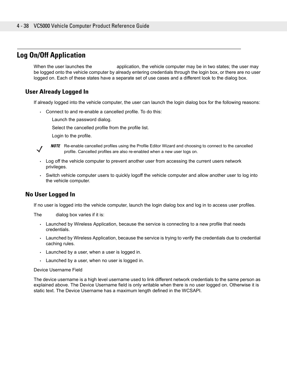 Log on/off application, User already logged in, No user logged in | Log on/off application -38, User already logged in -38, No user logged in -38 | Symbol Technologies VC5090 User Manual | Page 114 / 210