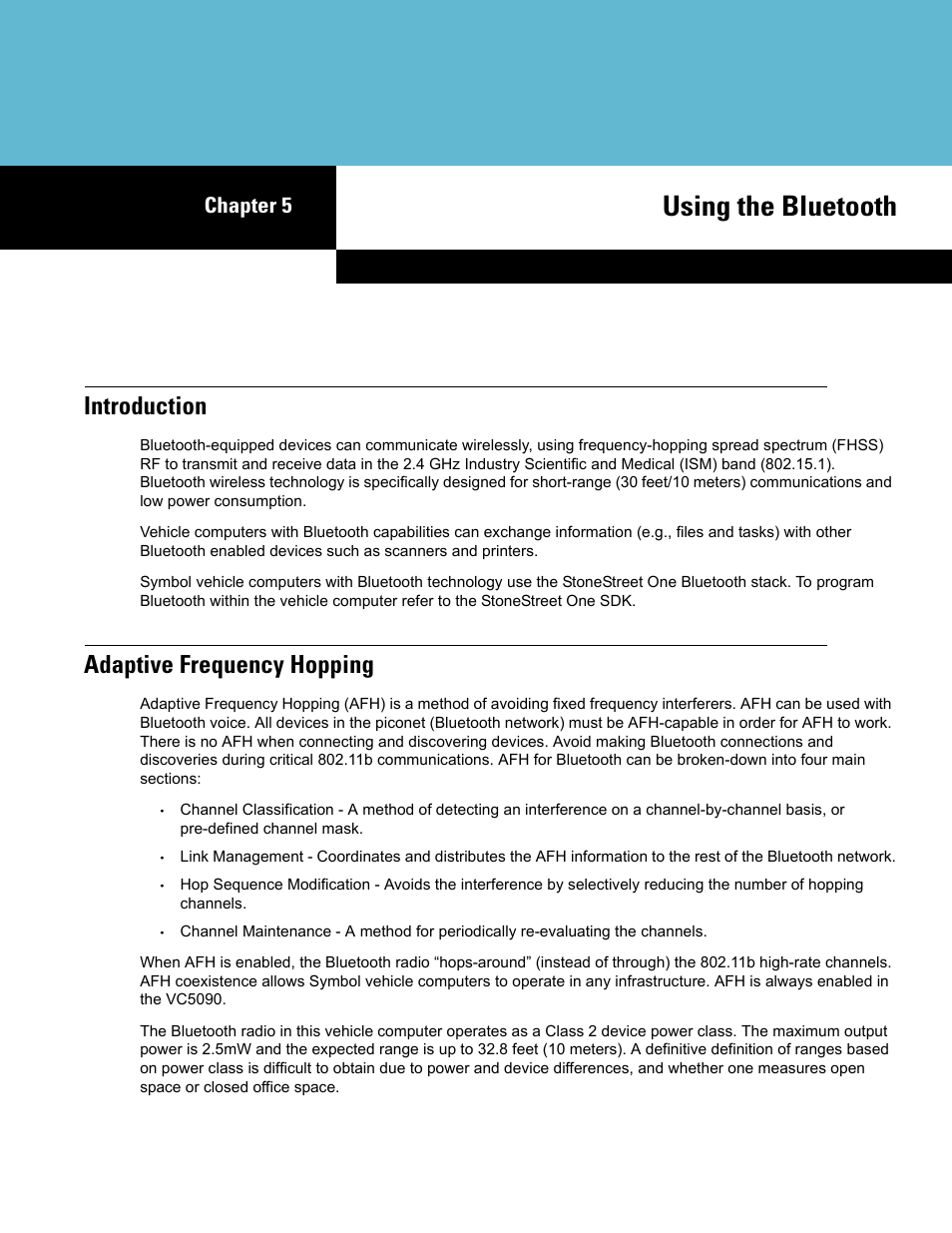 Using the bluetooth, Introduction, Adaptive frequency hopping | Chapter 5: using the bluetooth, Introduction -1, Adaptive frequency hopping -1, Chapter 5, using the bluetooth, Chapter 5 | Symbol Technologies VC5090 User Manual | Page 117 / 210