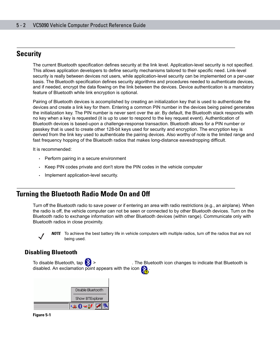 Security, Turning the bluetooth radio mode on and off, Disabling bluetooth | Security -2, Turning the bluetooth radio mode on and off -2, Disabling bluetooth -2 | Symbol Technologies VC5090 User Manual | Page 118 / 210