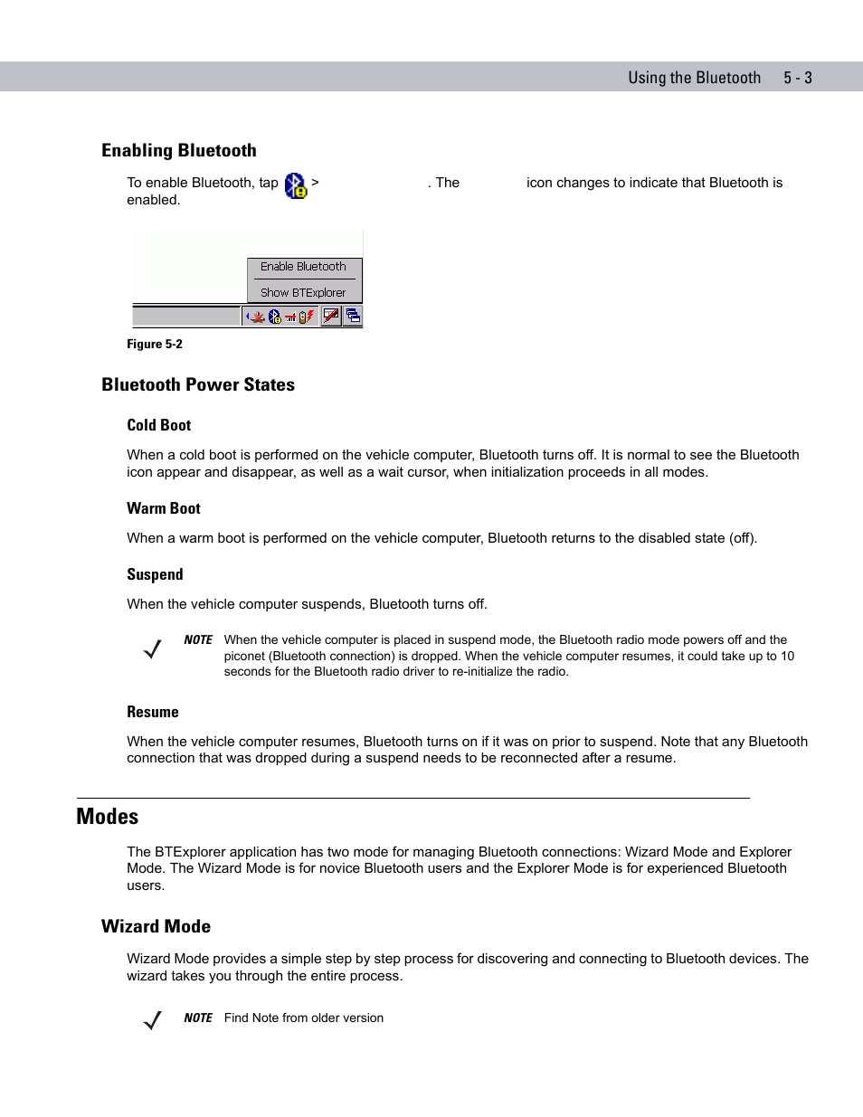 Enabling bluetooth, Bluetooth power states, Cold boot | Warm boot, Suspend, Resume, Modes, Wizard mode, Enabling bluetooth -3, Bluetooth power states -3 | Symbol Technologies VC5090 User Manual | Page 119 / 210