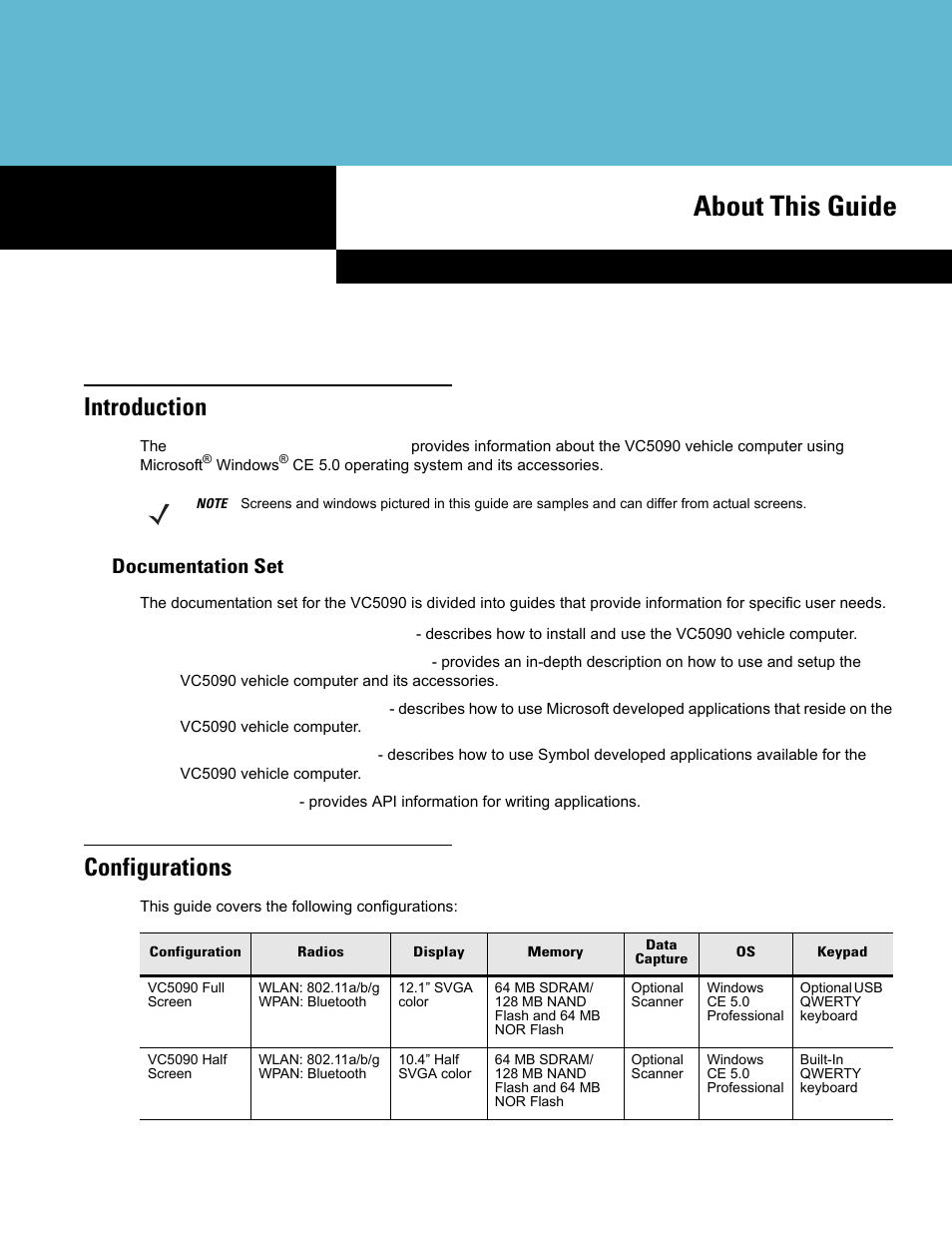 About this guide, Introduction, Documentation set | Configurations | Symbol Technologies VC5090 User Manual | Page 13 / 210