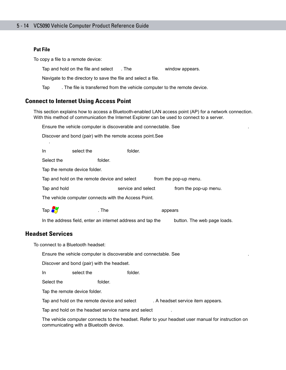 Put file, Connect to internet using access point, Headset services | Put file -14, Connect to internet using access point -14, Headset services -14 | Symbol Technologies VC5090 User Manual | Page 130 / 210