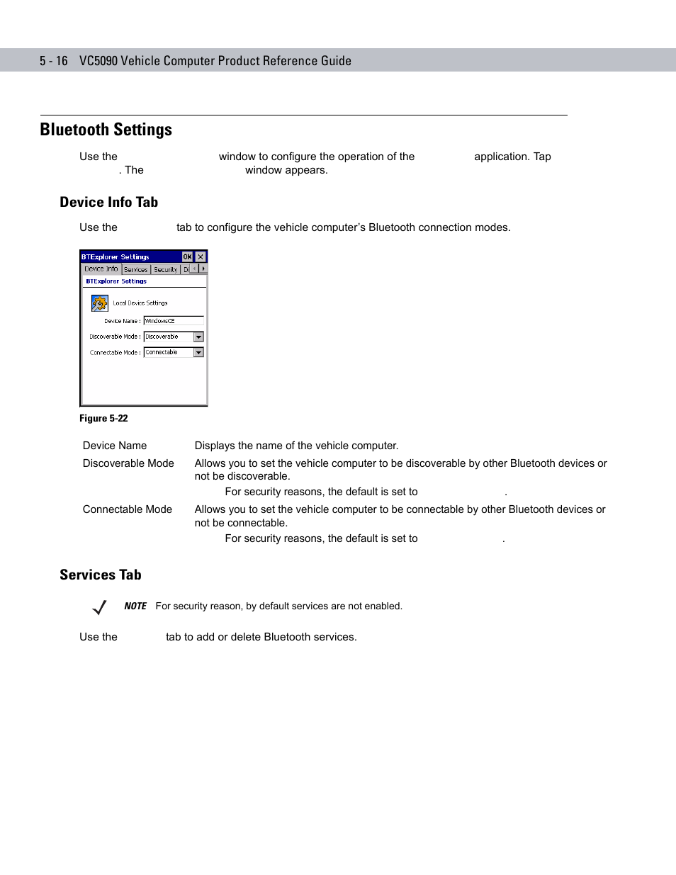 Bluetooth settings, Device info tab, Services tab | Bluetooth settings -16, Device info tab -16, Services tab -16 | Symbol Technologies VC5090 User Manual | Page 132 / 210