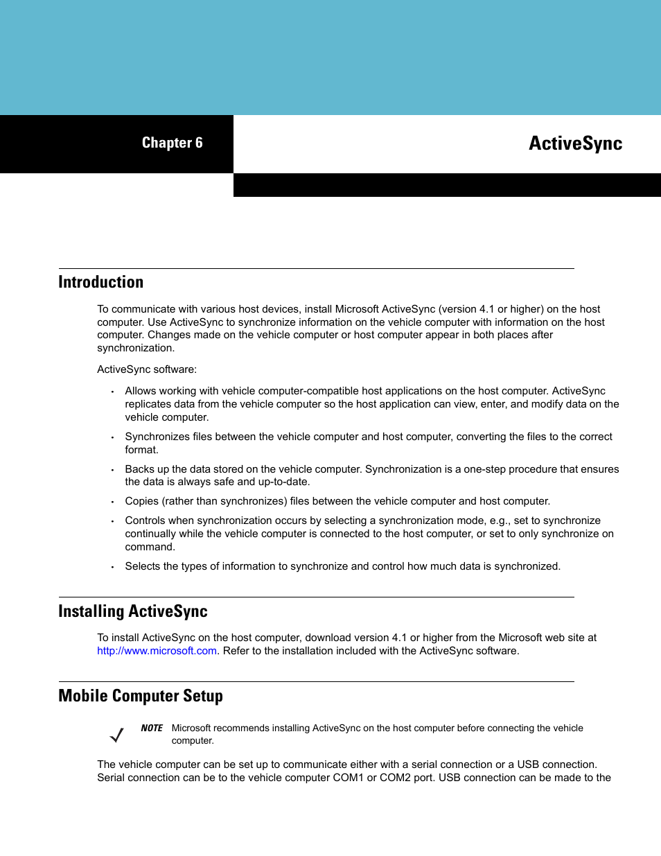 Activesync, Introduction, Installing activesync | Mobile computer setup, Chapter 6: activesync, Introduction -1, Installing activesync -1, Mobile computer setup -1, Chapter 6, activesync, Provides instructions | Symbol Technologies VC5090 User Manual | Page 139 / 210
