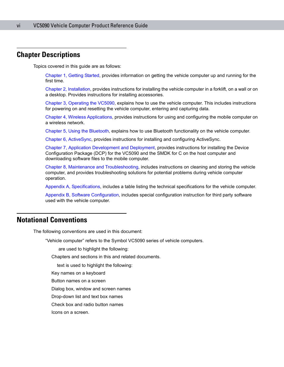 Chapter descriptions, Notational conventions | Symbol Technologies VC5090 User Manual | Page 14 / 210