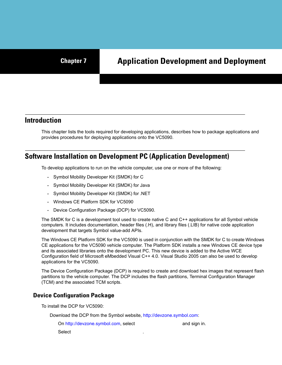 Application development and deployment, Introduction, Device configuration package | Chapter 7: application development and deployment, Introduction -1, Device configuration package -1, Chapter 7, application development and deployment, Provides, Chapter 7 | Symbol Technologies VC5090 User Manual | Page 145 / 210