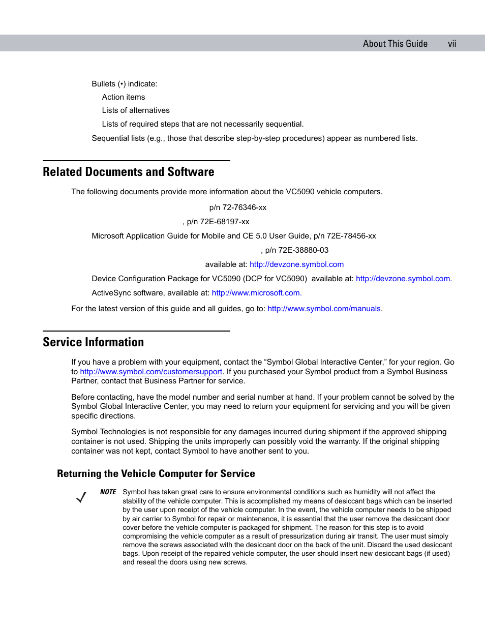 Related documents and software, Service information, Returning the vehicle computer for service | Symbol Technologies VC5090 User Manual | Page 15 / 210