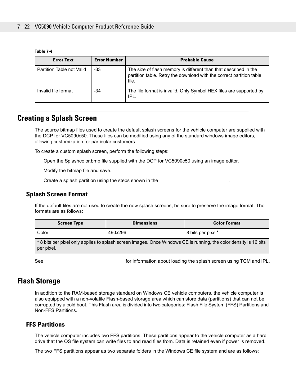 Creating a splash screen, Splash screen format, Flash storage | Ffs partitions, Creating a splash screen -22, Splash screen format -22, Flash storage -22, Ffs partitions -22 | Symbol Technologies VC5090 User Manual | Page 166 / 210