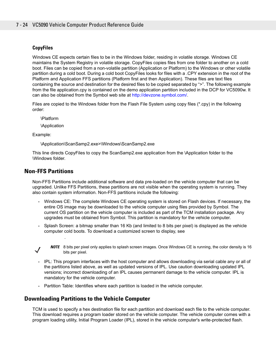 Copyfiles, Non-ffs partitions, Downloading partitions to the vehicle computer | Copyfiles -24, Non-ffs partitions -24, Downloading partitions to the vehicle computer -24 | Symbol Technologies VC5090 User Manual | Page 168 / 210