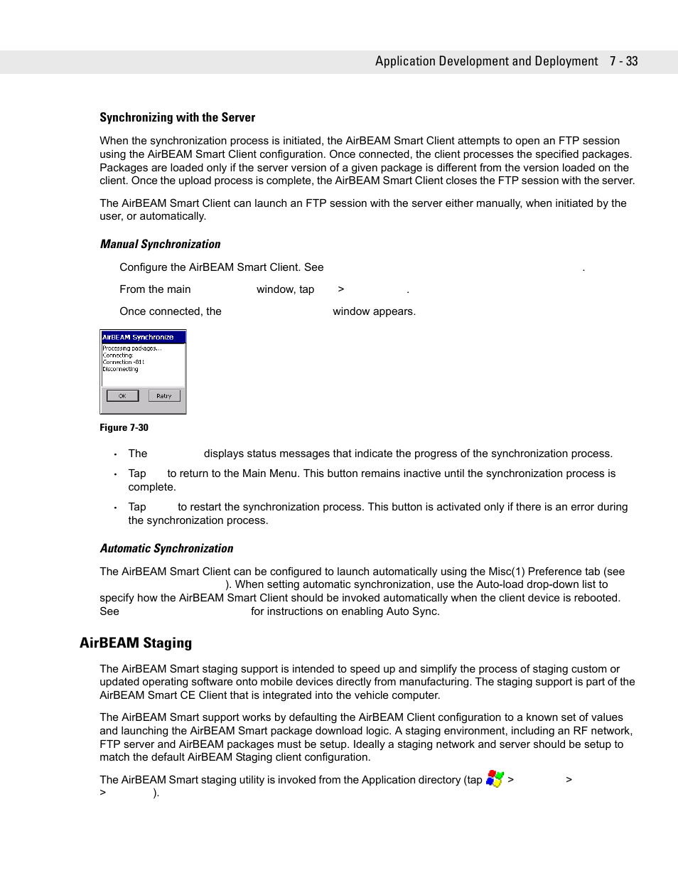 Synchronizing with the server, Airbeam staging, Synchronizing with the server -33 | Airbeam staging -33 | Symbol Technologies VC5090 User Manual | Page 177 / 210