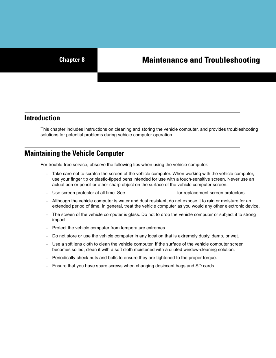 Maintenance and troubleshooting, Introduction, Maintaining the vehicle computer | Chapter 8: maintenance and troubleshooting, Introduction -1, Maintaining the vehicle computer -1, Chapter 8, maintenance and troubleshooting, Chapter 8 | Symbol Technologies VC5090 User Manual | Page 183 / 210