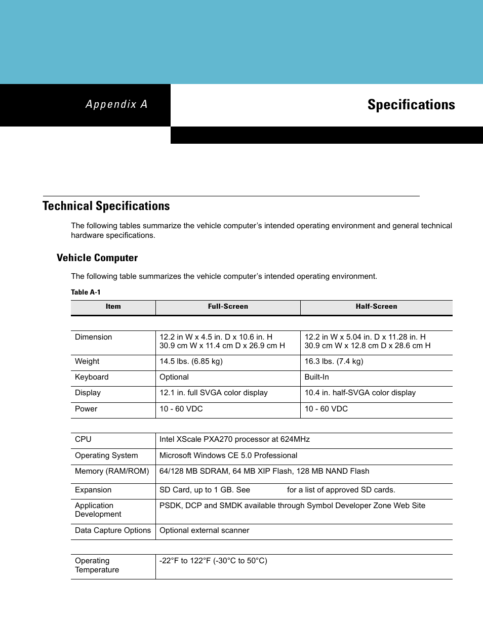 Technical specifications, Vehicle computer, Appendix a: specifications | Appendix a, specifications, Specifications | Symbol Technologies VC5090 User Manual | Page 187 / 210